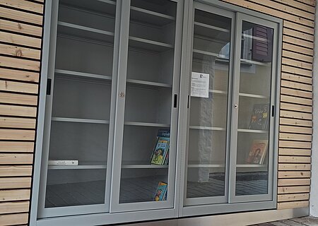 Außenansicht eines Bücherschranks mit Glastüren, teilweise mit wenigen Büchern, an einer Putzwand.