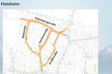 Kartenausschnitt von Flotzheim mit orange hervorgehobenen Straßen Badstraße, Kaltenbergstraße, Gartenstraße und Grießstraße.