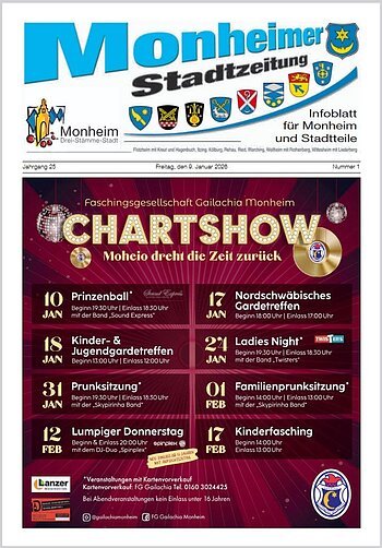 Titelblatt der Monheimer Stadtzeitung vom 09. Januar 2026 mit der dazugehörigen Überschrift in blau/schwarz, Wappen der Stadt Monheim und der dazugehörigen Stadtteile und mit dem Logo der Stadt Monheim. Auf der Titelseite bevorstehende Termine der Faschingsgesellschaft Gailachia Monheim mit Veranstaltungshinweisen im Januar und Februar 2026. Rechts unten im Eck das Logo der Faschingsgesellschaft Gailachia und weitere Angaben zum Kartenvorverkauf.