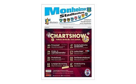Titelblatt der Monheimer Stadtzeitung vom 09. Januar 2026 mit der dazugehörigen Überschrift in blau/schwarz, Wappen der Stadt Monheim und der dazugehörigen Stadtteile und mit dem Logo der Stadt Monheim. Auf der Titelseite bevorstehende Termine der Faschingsgesellschaft Gailachia Monheim mit Veranstaltungshinweisen im Januar und Februar 2026. Rechts unten im Eck das Logo der Faschingsgesellschaft Gailachia und weitere Angaben zum Kartenvorverkauf.