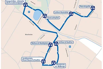 Karte mit einer Rundroute durch Monheim mit acht Lauschtour-Punkten und deren Bezeichnungen sowie Straßenverlauf.