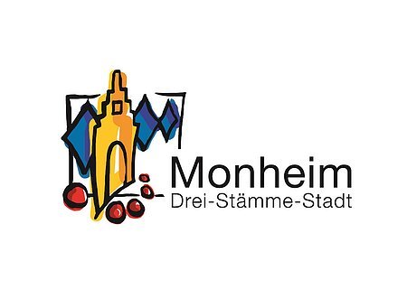 Logo der Stadt Monheim mit stilisiertem gelben Gebäude auf der linken Seite, blauen Rauten hinter dem Gebäude und roten Kreisen darunter. Text: "Monheim Drei-Stämme-Stadt" rechts neben der Zeichnung des Gebäudes. Weißer Hintergrund