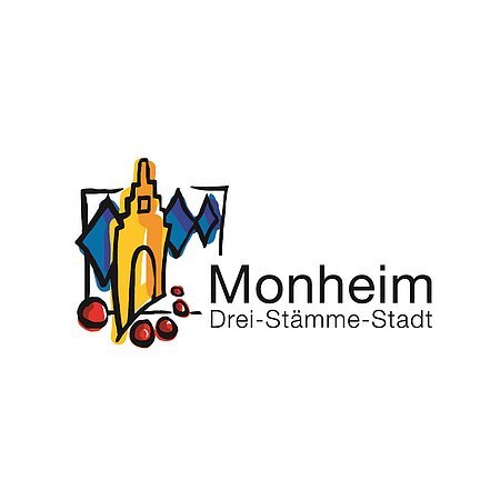 Logo der Stadt Monheim mit stilisiertem gelben Gebäude auf der linken Seite, blauen Rauten hinter dem Gebäude und roten Kreisen darunter. Text: "Monheim Drei-Stämme-Stadt" rechts neben der Zeichnung des Gebäudes. Weißer Hintergrund