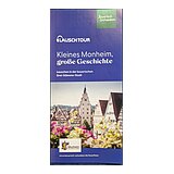 Flyer zur Lauschtour in Monheim mit dem Titel „Kleines Monheim, große Geschichte“ und Bild darunter von einer historischen Altstadt mit Fachwerkhäusern und Turm, im Vordergrund unscharfe pinke Blumen. Oben rechts im Eck das Logo von Bayerisch Schwaben und unten links im Eck das Logo der Stadt Monheim.