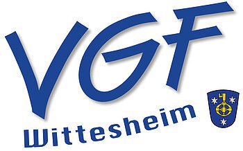 Logo mit blauen Großbuchstaben „VGF“ und darunter „Wittesheim“ rechts ein blaues Wappen mit gelbem Schlüssel und drei weißen Sternen auf weißem Hintergrund.