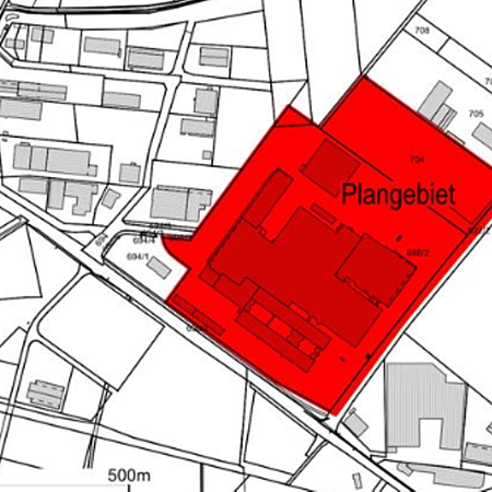 Kartenausschnitt mit Gebäuden, roter Markierung für das Plangebiet "Rappenfeld II" und Maßstab von 250 und 500 Metern.