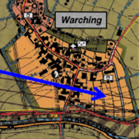 Kartenausschnitt mit Ortsname „Warching“ und blauem Pfeil, der nach rechts unten zeigt. Markierung zeigt auf das Plangebiet zum Baugebiet "Felsäcker" am Ortsteil Warching.