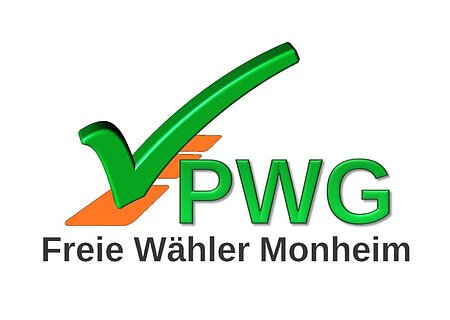 Logo der PWG Monheim: rechts im Bild steht PWG in grüner Schrift, darunter der Schriftzug Freie Wähler Monheim mit einem grünem Haken und drei orangefarbenen Rechtecken.