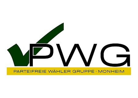 Weißes Logo mit großem grünen Haken links und den Buchstaben PWG in schwarz, darunter Schriftzug "Partei­freie Wähler Gruppe Monheim" auf gelbem Hintergrund.