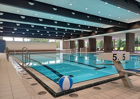 Innenaufnahme des leeren Schwimmbads - Jurabad Monheim. Zu sehen ist ein Schwimmbecken gefüllt mit strahlendem Wasser, ein Sprungbrett und ein weiß-blauer Wasserball liegt dekorativ im Vordergrund. Im Hintergrund des Hallenbads sind große Fenster zu sehen.