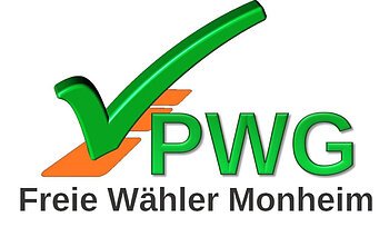 Logo der PWG Monheim: rechts im Bild steht PWG in grüner Schrift, darunter der Schriftzug Freie Wähler Monheim mit einem grünem Haken und drei orangefarbenen Rechtecken.