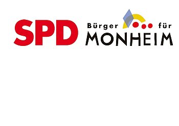 Logo mit rotem SPD-Schriftzug und schwarzem Text „Bürger für Monheim“ mit farbigen grafischen Elementen oben rechts.