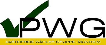 Weißes Logo mit großem grünen Haken links und den Buchstaben PWG in schwarz, darunter Schriftzug "Partei­freie Wähler Gruppe Monheim" auf gelbem Hintergrund.