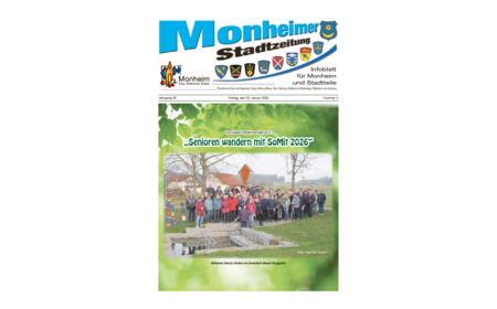 Titelblatt der Monheimer Stadtzeitung vom 23. Januar 2026 mit der dazugehörigen Überschrift in blau/schwarz, Wappen der Stadt Monheim und der dazugehörigen Stadtteile und mit dem Logo der Stadt Monheim. Auf der Titelseite ist einer Gruppe Senioren bei einer Wanderung im Freien zu sehen.