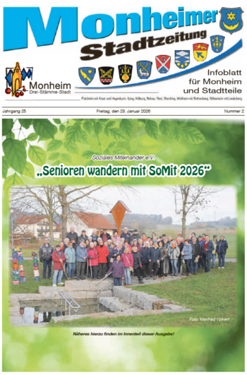 Titelblatt der Monheimer Stadtzeitung vom 23. Januar 2026 mit der dazugehörigen Überschrift in blau/schwarz, Wappen der Stadt Monheim und der dazugehörigen Stadtteile und mit dem Logo der Stadt Monheim. Auf der Titelseite ist einer Gruppe Senioren bei einer Wanderung im Freien zu sehen.