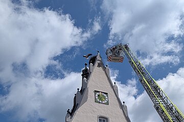 Feuerwehrleiter mit Korb vor einem Gebäude mit spitzem Dach mit einer Uhr und einem Storchennest darauf. Storch fliegt gerade aus dem Nest raus bei blauem Himmel mit Wolken.