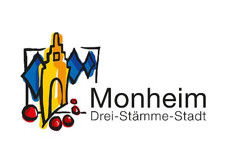 Logo der Stadt Monheim mit stilisiertem gelben Gebäude, blauen Rauten und roten Kreisen. Text: "Monheim Drei-Stämme-Stadt".