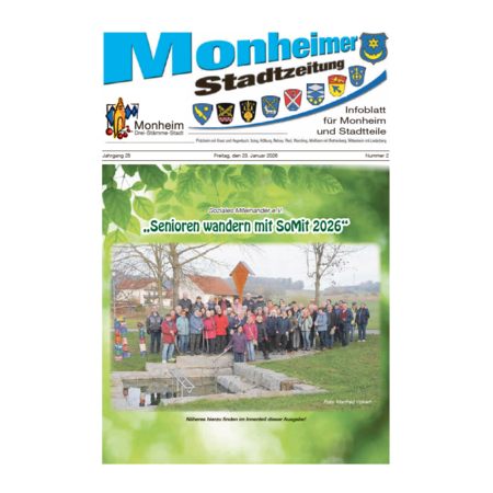 Titelblatt der Monheimer Stadtzeitung vom 23. Januar 2026 mit der dazugehörigen Überschrift in blau/schwarz, Wappen der Stadt Monheim und der dazugehörigen Stadtteile und mit dem Logo der Stadt Monheim. Auf der Titelseite ist einer Gruppe Senioren bei einer Wanderung im Freien zu sehen.