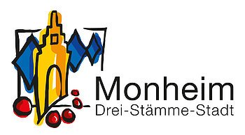 Logo der Stadt Monheim mit stilisiertem gelben Gebäude, blauen Rauten und roten Kreisen. Text: "Monheim Drei-Stämme-Stadt".