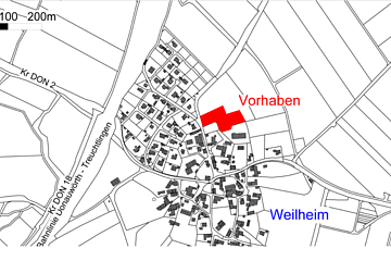 Kartenausschnitt zeigt Weilheim mit markiertem Vorhaben in Rot nördlich des Ortszentrums und Straßenbeschriftungen.