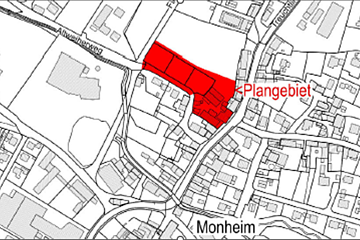 Kartenausschnitt von Monheim mit rot markiertem Plangebiet im Bereich nördlich des Altweiherwegs und östlich der Treuchtlinger-Straße.