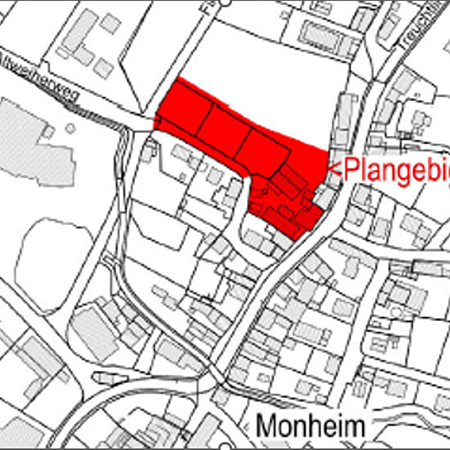 Kartenausschnitt von Monheim mit rot markiertem Plangebiet im Bereich nördlich des Altweiherwegs und östlich der Treuchtlinger-Straße.