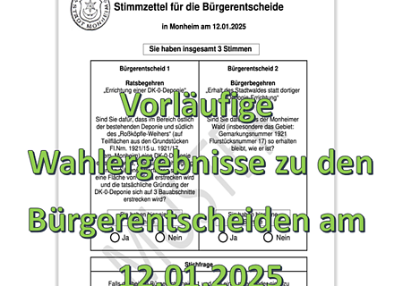Muster eines Stimmzettels für Bürgerentscheide in Monheim am 12.01.2025 mit zwei Fragen und einer Stichfrage, drei Stimmen gesamt.