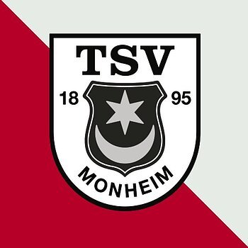 Logo des Turn- und Sportvereins Monheim in schwarz/weiß, mit einem Stern und Halbmond in der Mitte, links und rechts aufgeteilt die Jahreszahl 1895. Das Logo ist auf rot-grauem Hintergrund.