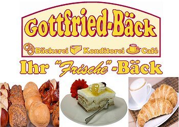 Logo der Bäckerei, Konditorei und Café "Gottfried-Bäck" mit dem Text: "Ihr Frische-Bäck" und darunter liegenden Bildern von Brötchen, einem Kuchenteller und Croissants mit Kaffee.
