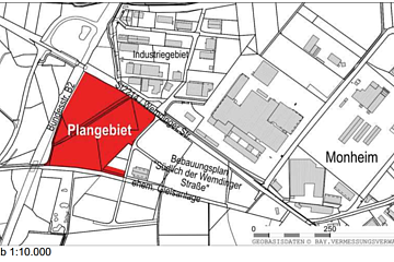 Kartenausschnitt mit rotem Plangebiet südlich der Wemding Straße in Monheim, Maßstab 1:10.000.