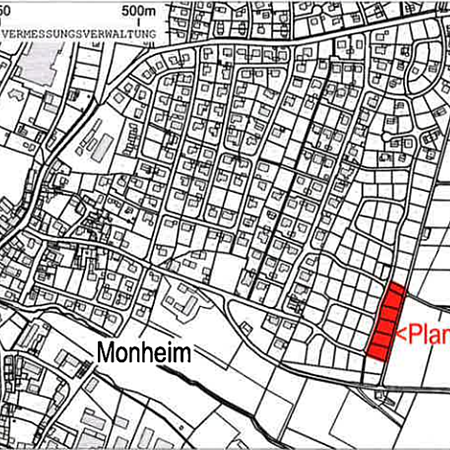 Schwarz-weiße Stadtkarte von Monheim mit markiertem roten Plangebiet "Osterholz III" im Osten der Karte.