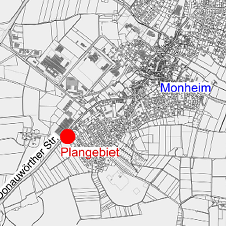 Schwarz-weiße Karte von Monheim zum Bebauungsplan "Äußere Rott" mit rotem Punkt und Schriftzug „Plangebiet“ an der Donauwörther Straße.