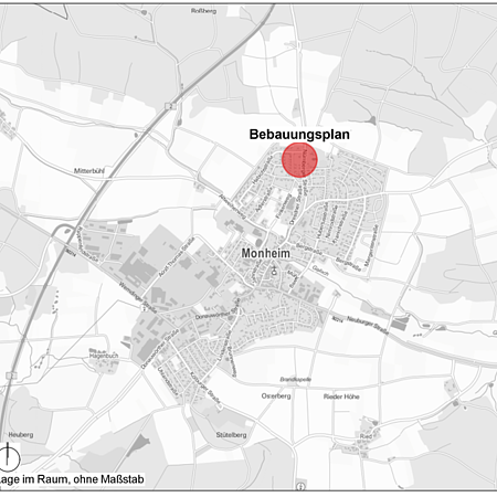 Karte von Monheim mit rotem Kreis zur Markierung des Bebauungsplans "Angerberg West" im nördlichen Stadtbereich.