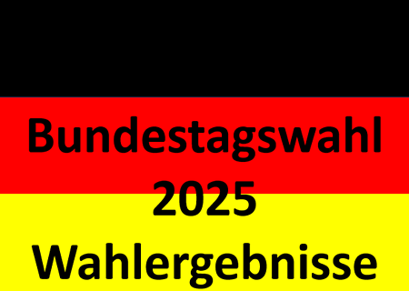Schriftzug Bundestagswahl 2025 Wahlergebnisse vor Deutschlandflagge in den Farben Schwarz, Rot, Gelb.