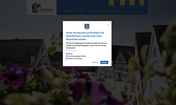 Pop-up-Fenster mit Angebot zur Aktivierung von Push-Nachrichten der Stadt Monheim zu Themen wie Rathaus/Kultur/Veranstaltungen/Freizeit/Verkehr/Infrastruktur.