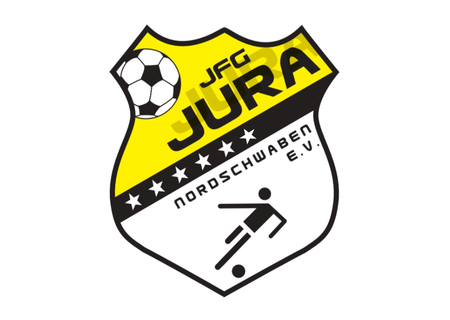 Logo des Fußballvereins JFG Jura Nordschwaben e.V. mit einem Fußball links im Wappen neben dem Schriftzug "JFG JURA" und schwarzer Spieler-Silhouette unten auf weißem Hintergrund. Dazwischen ein schwarzer Balken mit vier weißen Sternen darunter und dem Text "Nordschwaben e.V.".