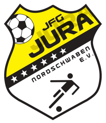Logo des Fußballvereins JFG Jura Nordschwaben e.V. mit einem Fußball links im Wappen neben dem Schriftzug "JFG JURA" und schwarzer Spieler-Silhouette unten auf weißem Hintergrund. Dazwischen ein schwarzer Balken mit vier weißen Sternen darunter und dem Text "Nordschwaben e.V.".