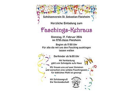 Einladung zum Faschings-Kehraus am 17. Februar 2026 ab 17 Uhr im FFW-Heim Flotzheim mit Verkleidung und Schnäpsle. Plakat mit bunten Luftschlangen