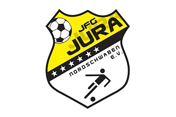 Logo des Fußballvereins JFG Jura Nordschwaben e.V. mit einem Fußball links im Wappen neben dem Schriftzug "JFG JURA" und schwarzer Spieler-Silhouette unten auf weißem Hintergrund. Dazwischen ein schwarzer Balken mit vier weißen Sternen darunter und dem Text "Nordschwaben e.V.".