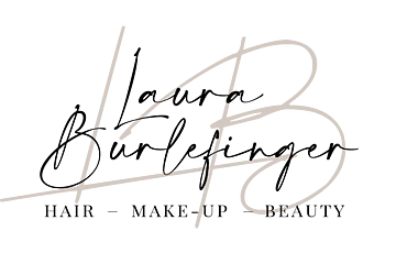Logo mit den hinter gestellten Buchstaben L und B in geschwungener, beiger Handschrift. Davor der Schriftzug ebenfalls in schwarzer geschwungener Handschrift "Laura Burlefinger" und darunter Stichpunkte Hair -  Make-up - Beauty in schwarzen Großbuchstaben.