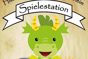 Gestaltetes Plakat in gelb mit Text „Historisches Stadtfest Monheim Spielestation“ und drei Illustrationen von Ritter, Drache und Prinzessin.