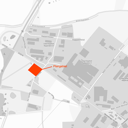Kartenausschnitt mit rotem Plangebiet südlich der Wemding Straße in Monheim, Maßstab 1:10.000.