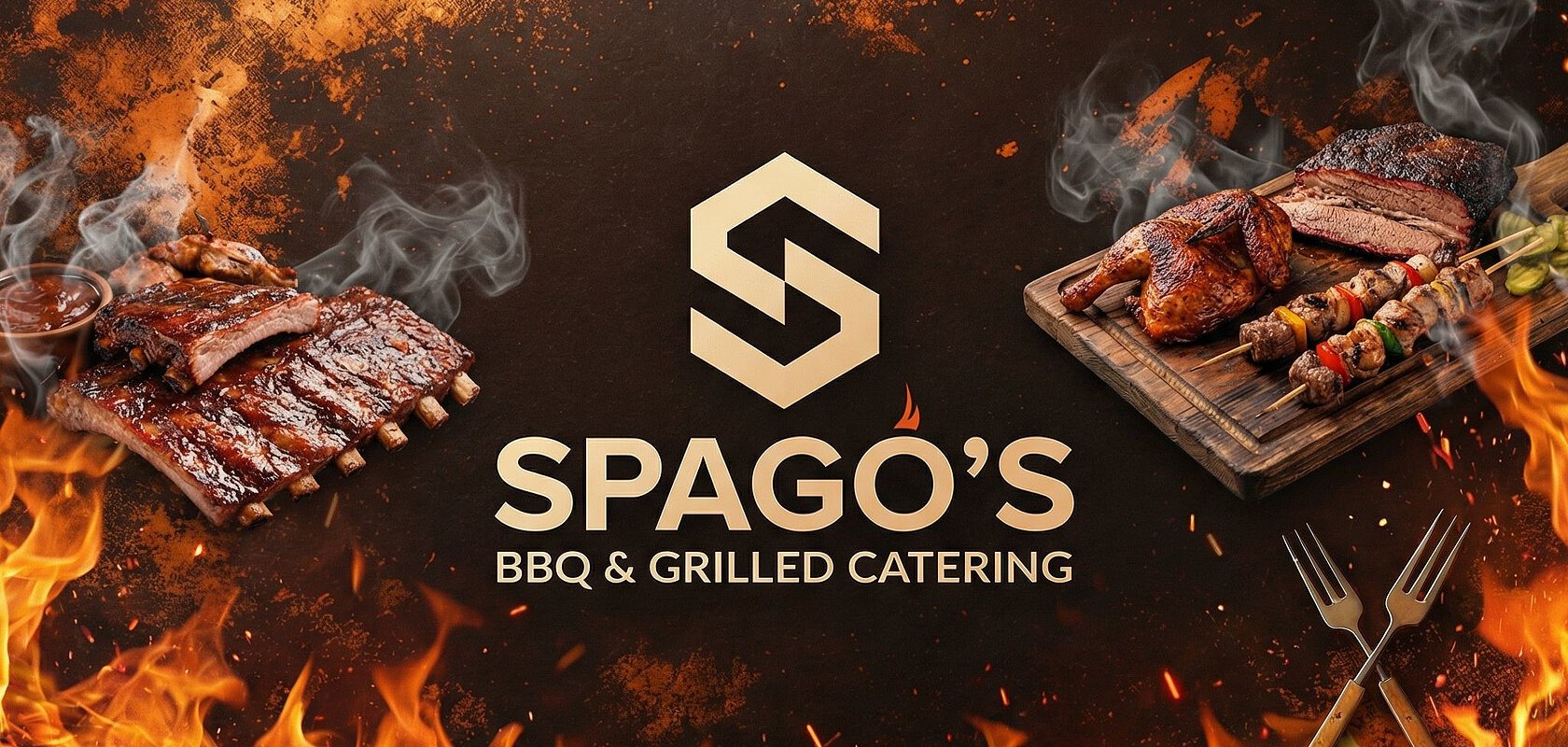 Logo von Spago’s BBQ & Grilled Catering mit gegrilltem Fleisch, Flammen und Rauch auf dunklem Hintergrund.