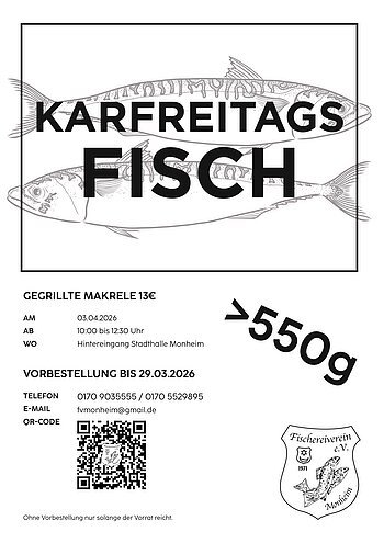Schwarze Zeichnung von zwei Fischen mit Text „Karfreitags Fisch“ und Infos zu gegrillter Makrele am 03.04.2026 in Monheim.