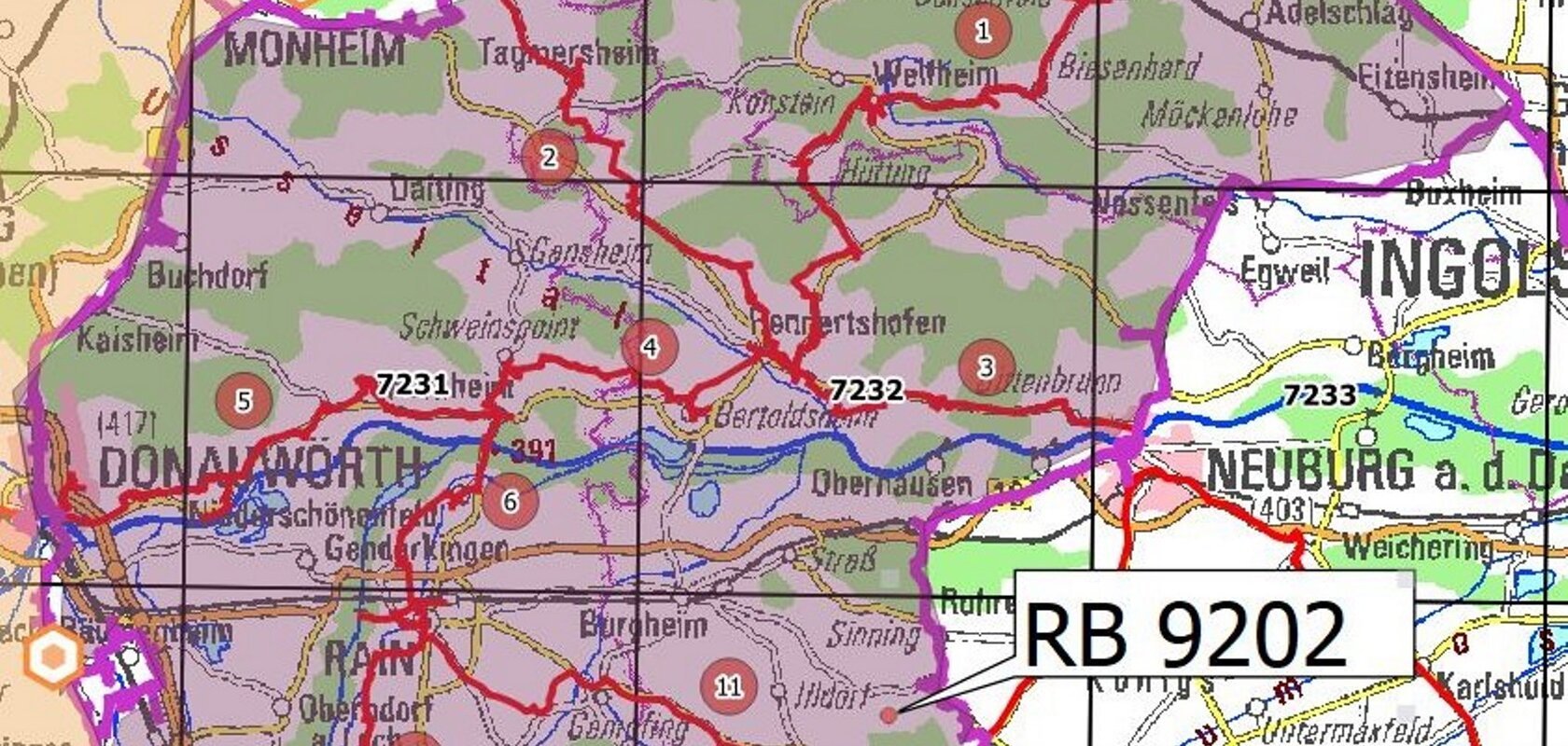 Kartenausschnitt mit Gebiet RB 9202, markiert durch violette Umrandung, zeigt Orte und Straßen im süddeutschen Raum.