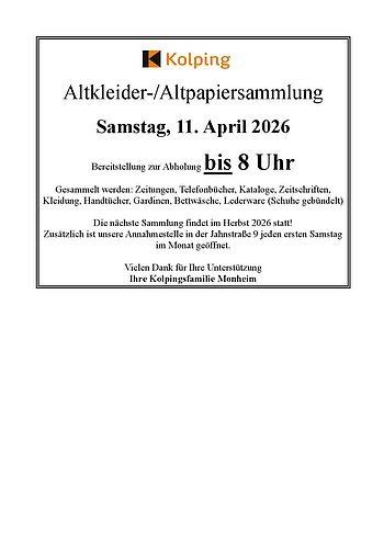 Hinweis zur Altkleider- und Altpapiersammlung am Samstag, 11. April 2026, Bereitstellung bis 8 Uhr morgens. Oben das Logo der Kolpingsfamilie unten Angaben, was gesammelt wird.