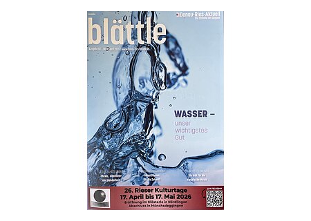 Titelblatt der Zeitschrift "blättle" von Donau-Ries Ausgabe Nr. 67 für März/April 2026 mit pinker Umrandung. Titelseite mit Wasser als zentrales Motiv und Veranstaltungshinweis zu den Rieser Kulturtagen.