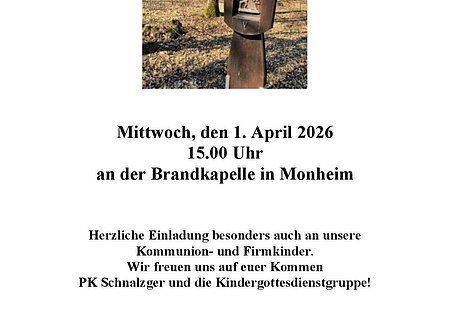Einladung zum Kinder-und Jugendkreuzweg am 1.4.2026 in Monheim. Darunter ein Foto eines hölzernen Kreuzweg-Stationen-Schildes im Wald mit kahlen Bäumen und blauem Himmel im Hintergrund. Unter dem Bild weitere Angaben zur Veranstaltung.