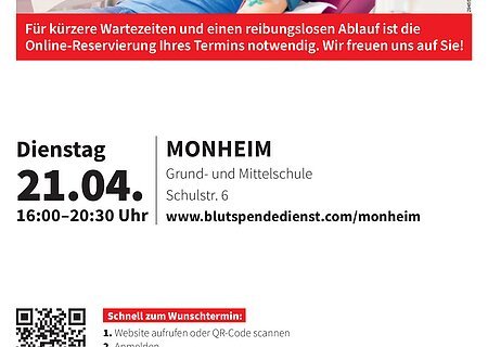Blutspendetermin in Monheim 21.04.2026 Einladung vom Bayer. Roten Kreuz zur Blutspende. Frau in blauem Shirt liegt auf Blutspendeliege, Arm verbunden, Text zur Terminreservierung für Blutspende in Monheim am 21.04. von 16 bis 20:30 Uhr.