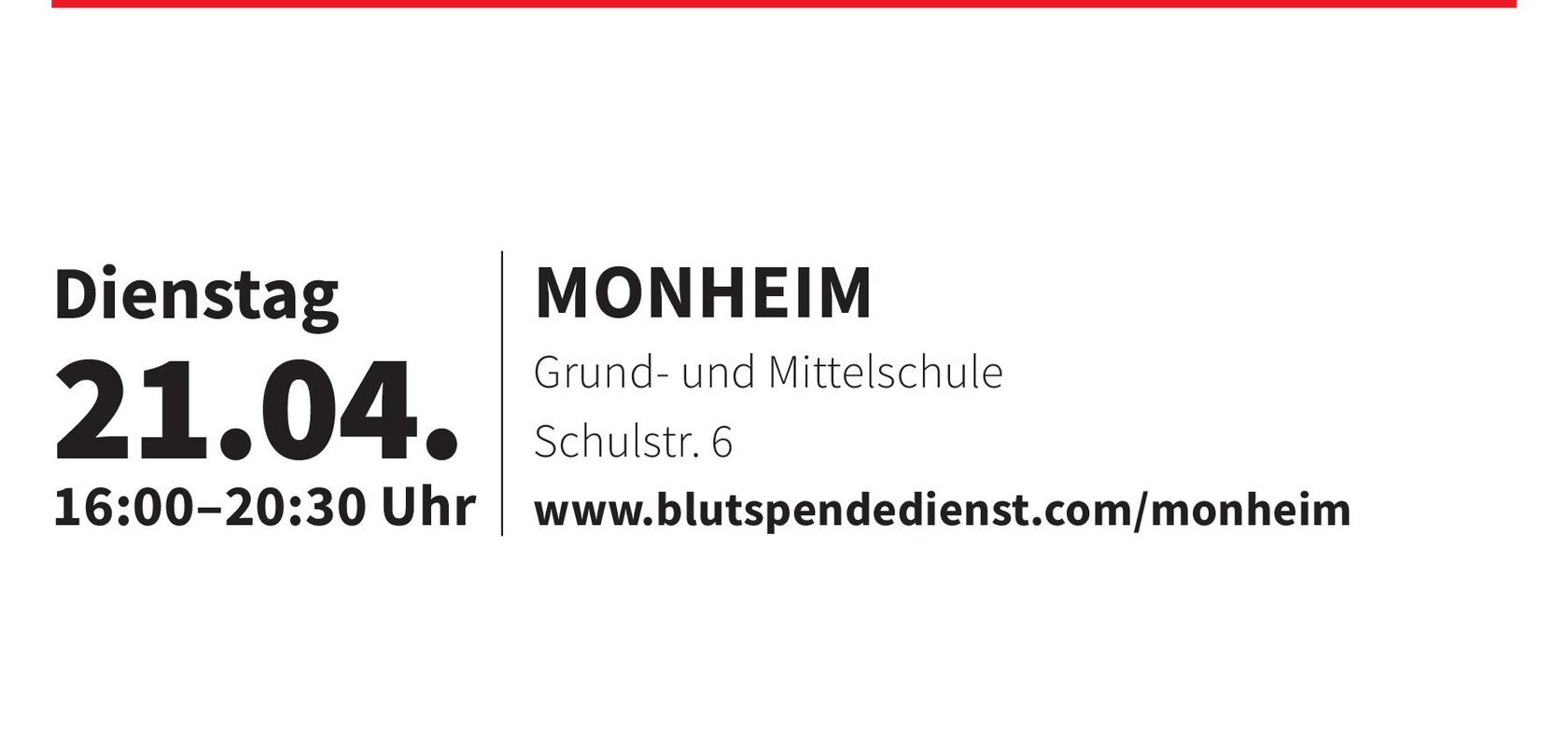 Einladung vom Bayer. Roten Kreuz zur Blutspende. Frau in blauem Shirt liegt auf Blutspendeliege, Arm verbunden, Text zur Terminreservierung für Blutspende in Monheim am 21.04. von 16 bis 20:30 Uhr.